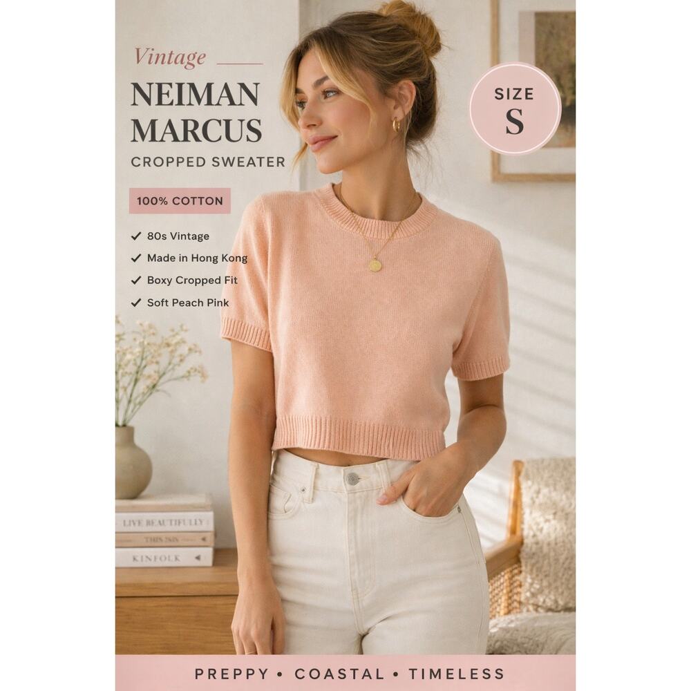 VTG Neiman Marcus Cropped Sweater S Pink Boxy 80s Made in Hong Kong Minimalist